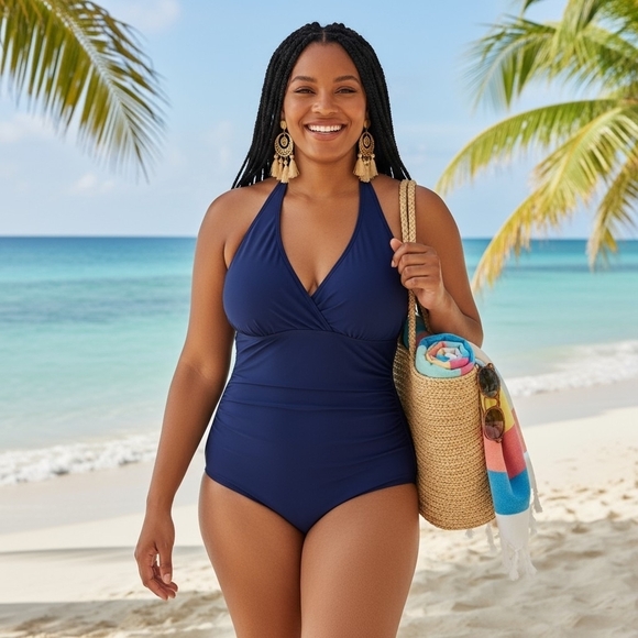 🆕 Plus Size Curvy Halter One Piece Swimsuit Navy Blue 0XL Moderate Stretch - Picture 8 of 11